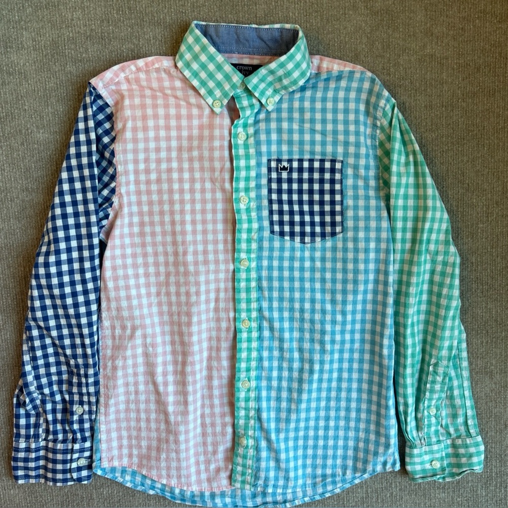 Crown & Ivy Boy’s Sz M Gingham Colorblock Button-Down Shirt.